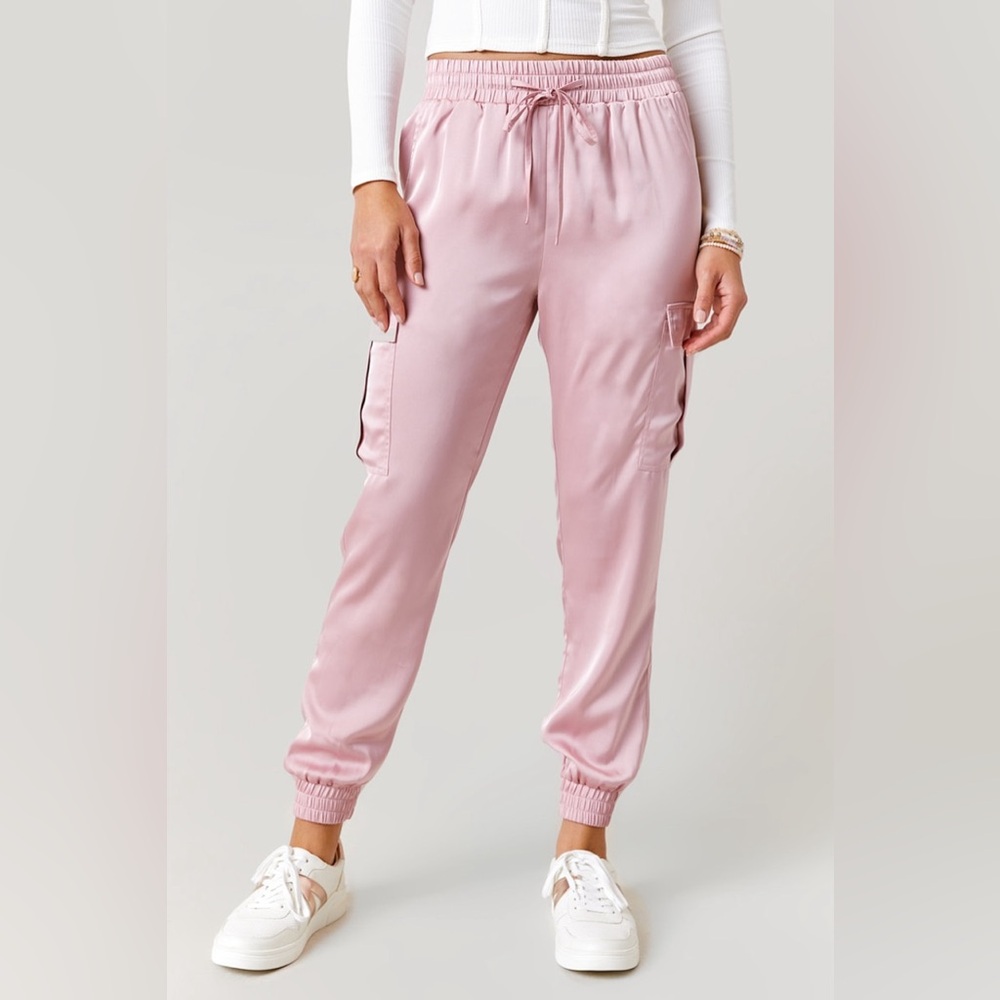NWT Francesca’s Pink Satin Cargo Jogger